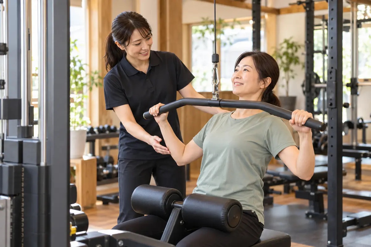 トレーナーが初心者へマシンの使い方を説明する様子
